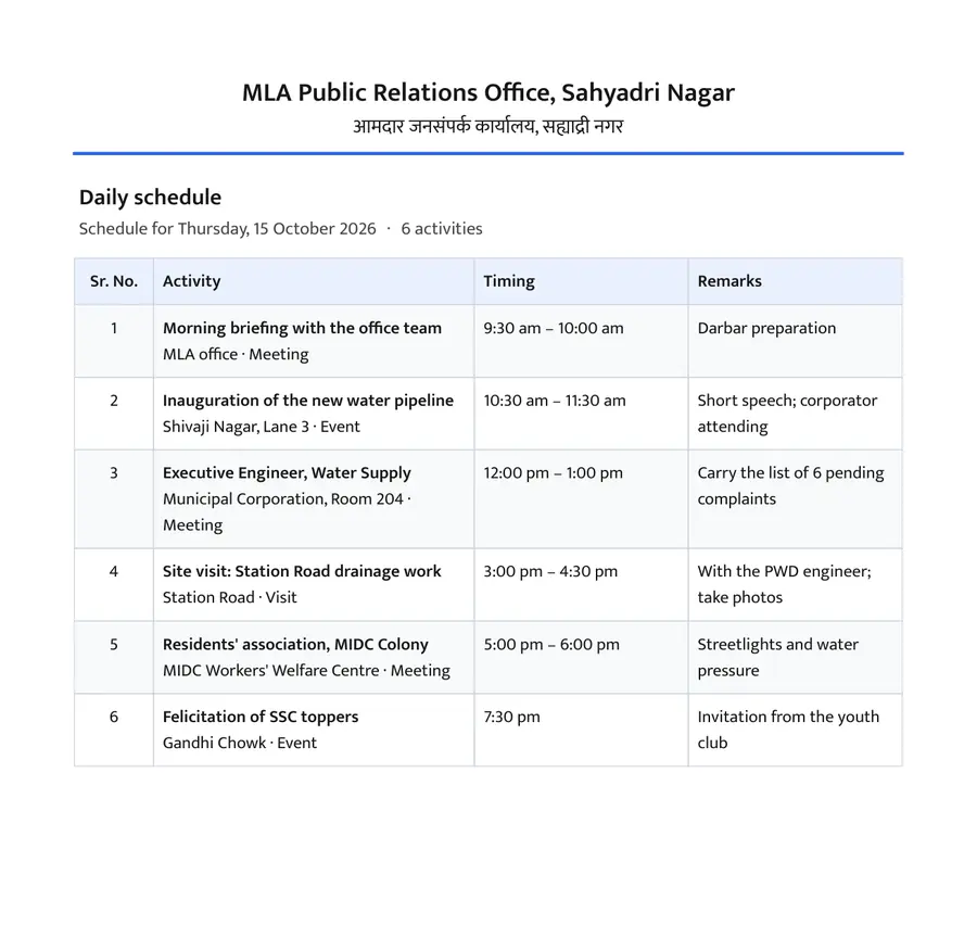 The evening schedule PDF that the MLA receives for the next day.