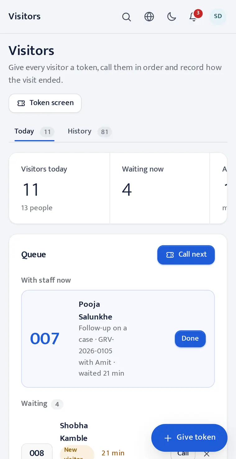 The LeaderOS front desk on a phone: today’s visitors and the token being served.